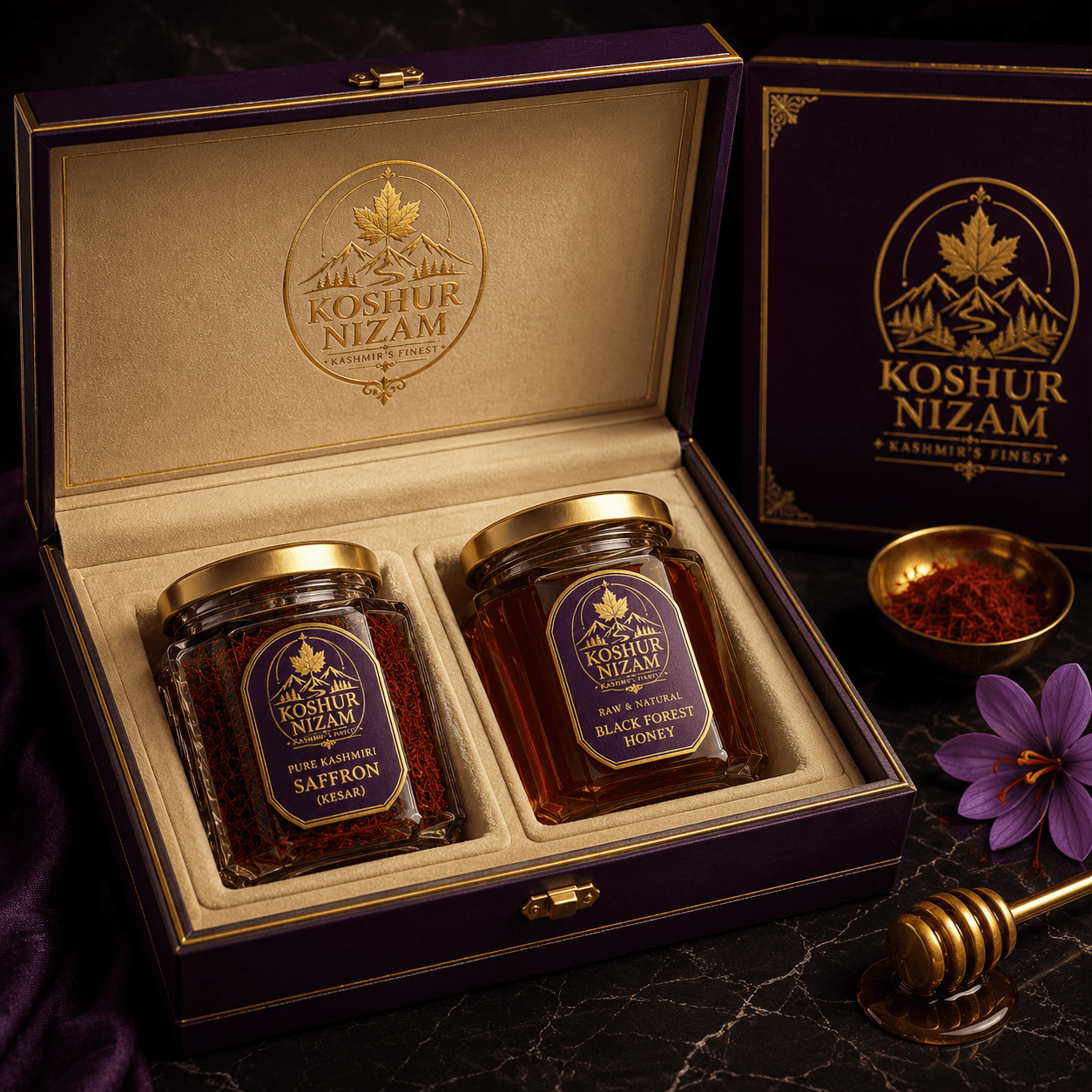 Branded Koshur Nizam saffron and honey luxury gift presentation
