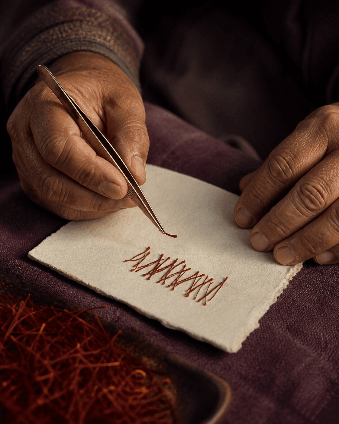 Kashmiri artisan selecting premium whole Mongra saffron threads
