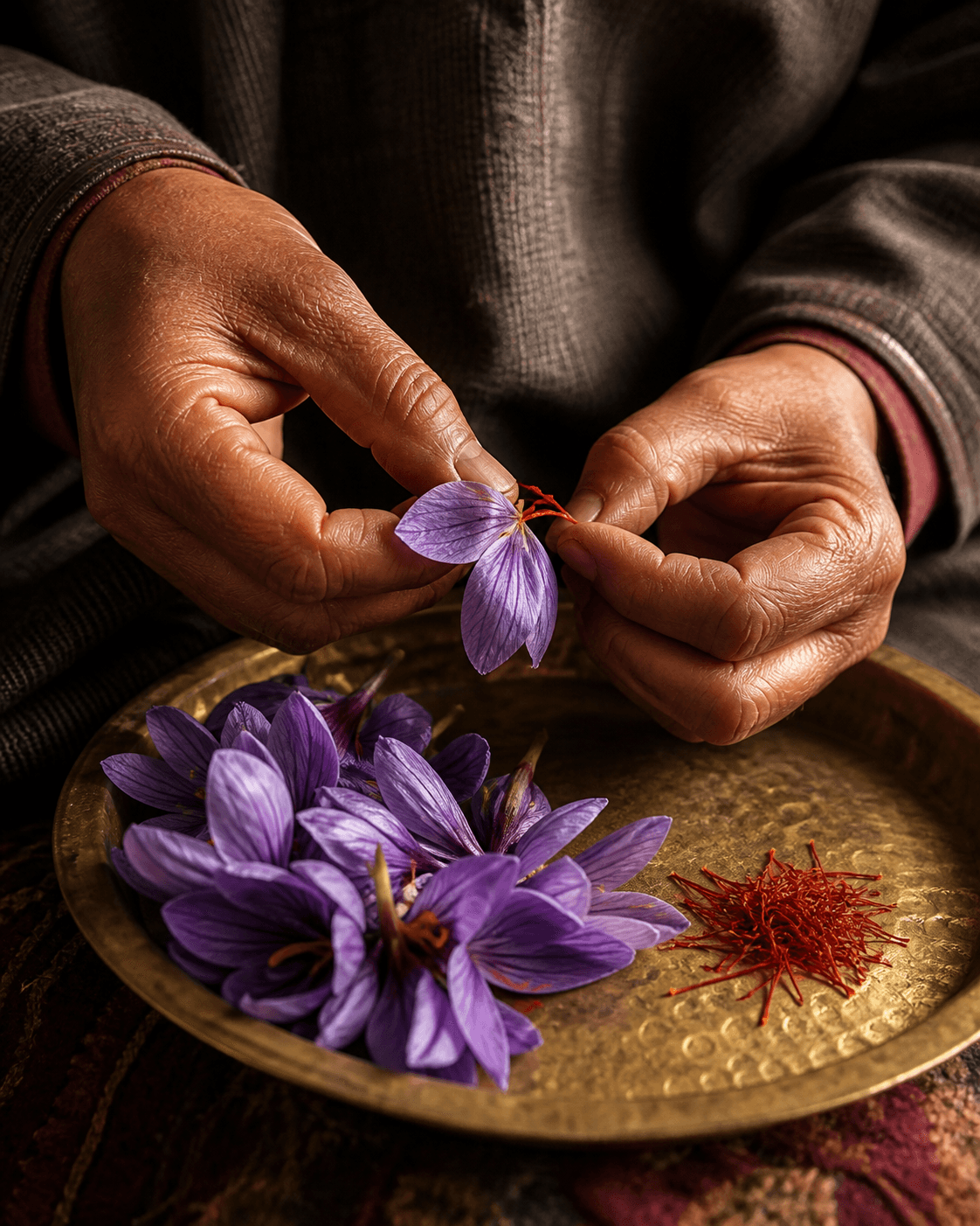 Kashmiri artisan separating crimson saffron stigmas from crocus flowers by hand