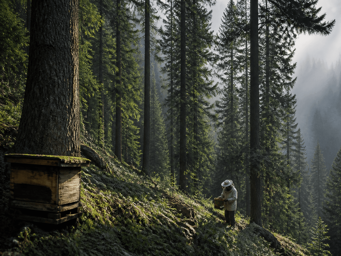 Sunlight passing through Kashmir forest vegetation associated with a honeydew harvest